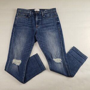 Frame Le Beau Straight Jean Womens 28 Blue Medium Wash Distress Ankle High Rise